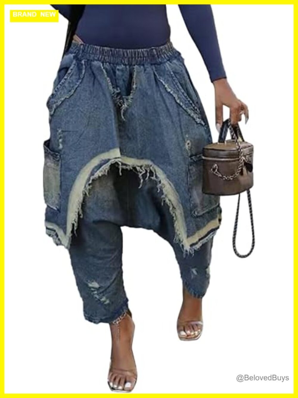 Baggy Harem Jeans Elastic Waist Wide Leg Barrel Cargo Patchwork Ripped Hippie